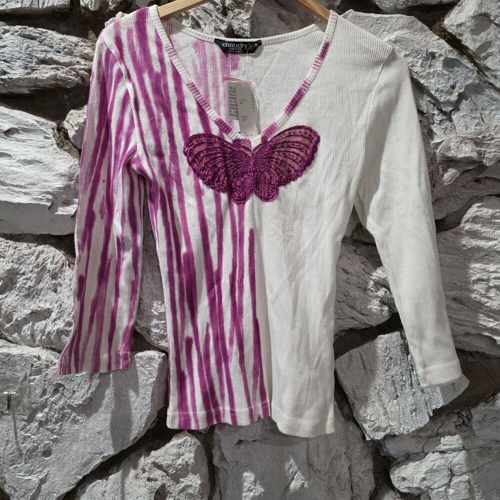 Y2K Butterfly Top 3/4 Sleeve Purple Stripe Top Crew Neck Women's Size M